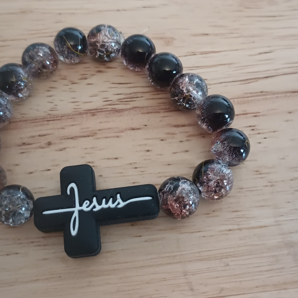 Black and Gray Beaded Bracelet with Cross White And Black